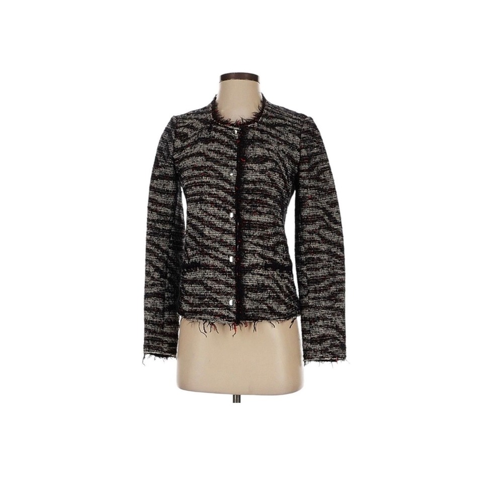 Isabel Marant Etoile  Tweed Jacket Black White Burgundy Frayed Hem Snap Front